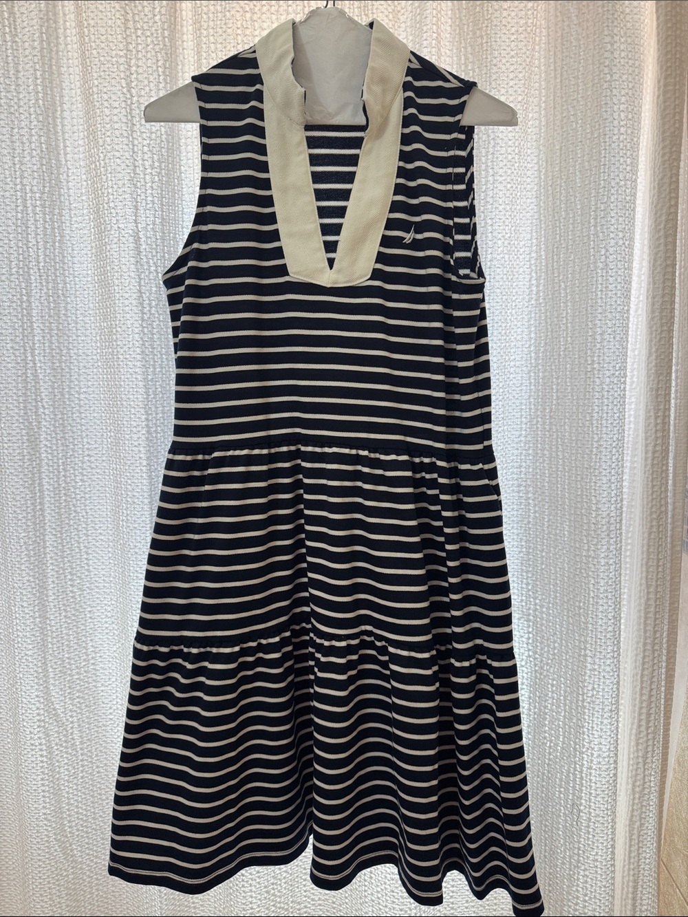 Nautica Navy and White Striped Sleeveless V-Neck Tiered Dress